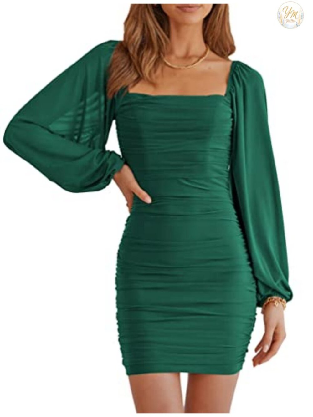 Women's Square Neck Long Sleeve Bodycon Mini Dress Ruched Mesh Party Cocktail